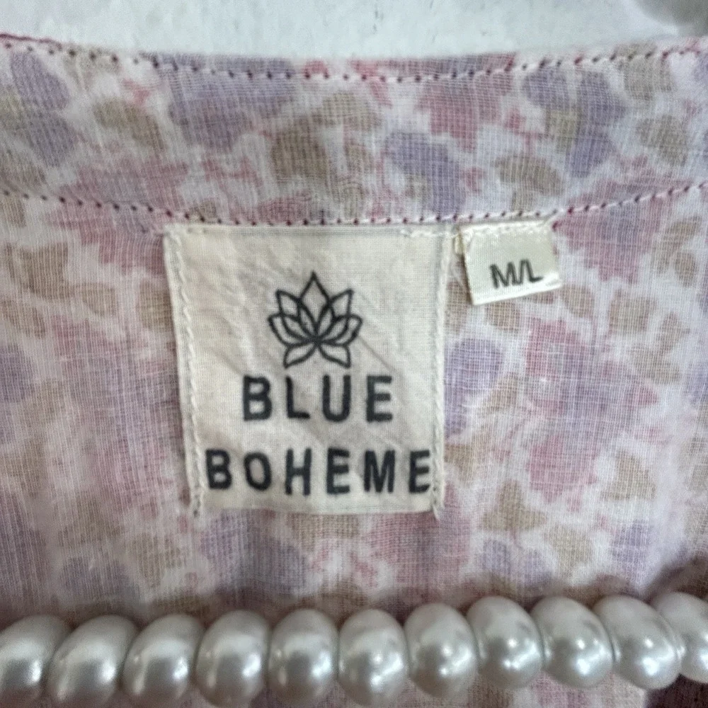 Blue Boheme Boho Peasant Dress M/L Indie Cottage Floral Festival Midi Romantic - Picture 8 of 11
